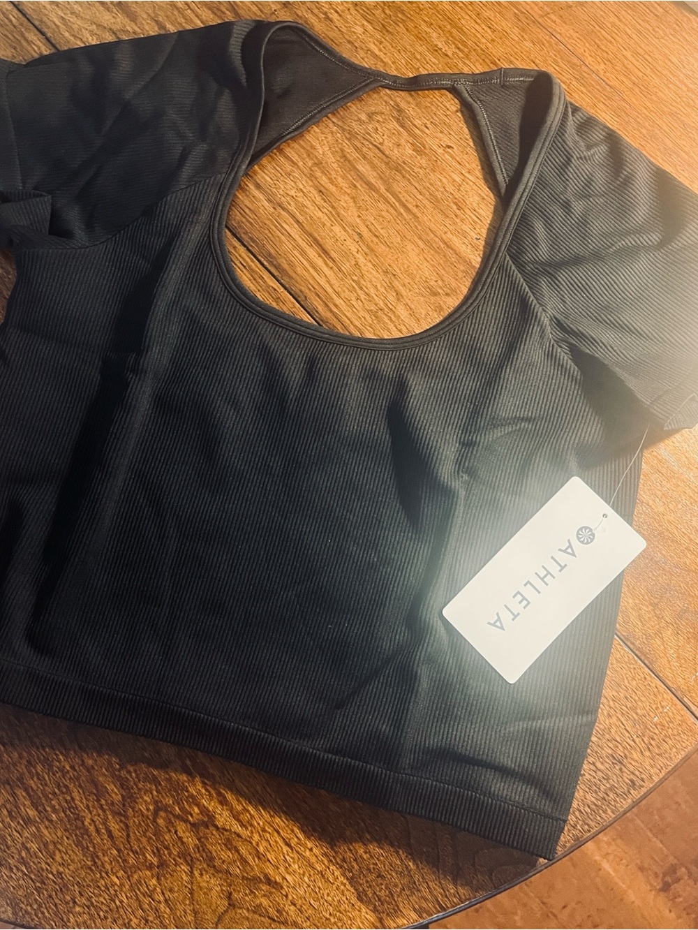 NWT Athleta Black Ribbed Open-Back Short Sleeve Crop Top